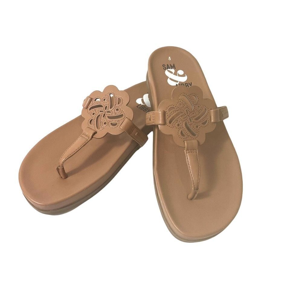 Sam & Libby Flip Flops Brown Flat Thong Cutout Synthetic Casual Sandals Womens 8